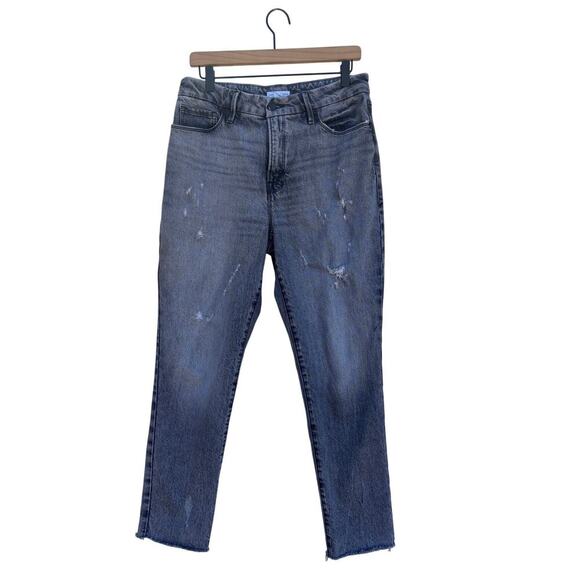 Good American Black Denim Distressed Jeans, Raw Hem, Skinnyish, Sz 6 /‎ 28 - Picture 1 of 6